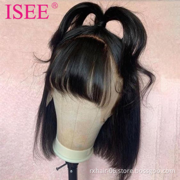 ISEE Short Human Hair Lace Front Wig With Bangs,Brazilian Straight Hair Bob Lace Wig With Front Fringe Bangs